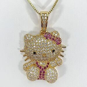 Gold Iced Out Hello Kitty Charm Pendant Necklace 3D Full Body